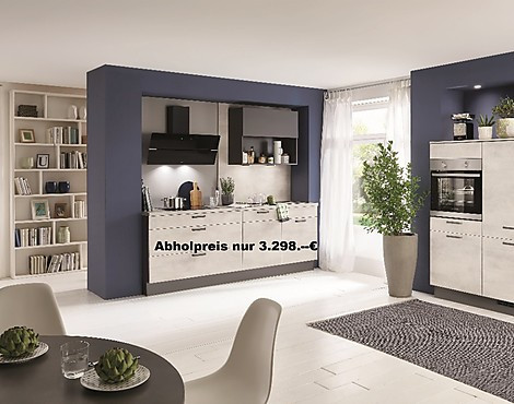 Zwei Zeilen einer Küche in Weißbeton Nachbildung Korpus Schiefergrau - Riva jetzt nur 3.298,-€ statt 6.598,-€