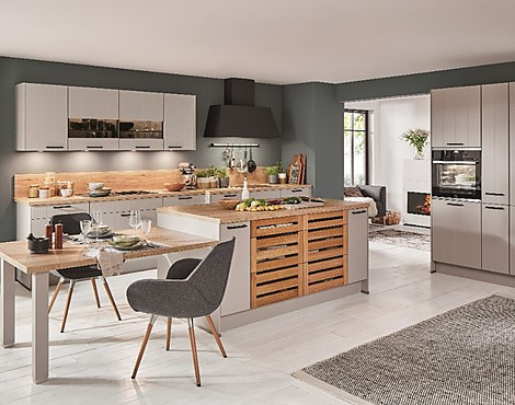 Große Einbauküche in Lacklaminat mit Ansetz-tisch, Massivholz-Schubkästen - GENT