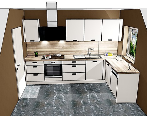 moderne Küche in L-Form mit Hochglanzfronten - Susann 299 sandbeige Hochglanz, 296 Weiß Hochglanz