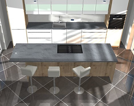 Moderne um planbare Küche in Weiß und Holz, Insel mit Kochfeld und Sitzmöglichkeit - Soft