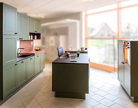 Moderne stilvolle Küche in Olive und dunkler Holz-Akzenten. Die Innenausstattung und Stauraumlösungen liegen im Verborgenen - 517 – Olive Softmatt