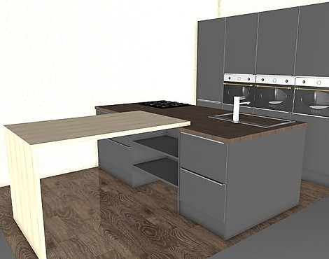 Angebotsküche mit hoch gebauten Geräten und Insel mit Theke. Umplanbar - Chora