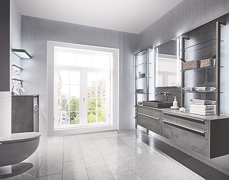 Exklusives Badezimmer Beton Schiefergrau NB mit LED-Backlight-System und LED-Spiegel - Riva