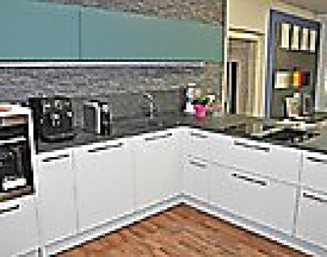 L-Form mit Küchen-Insel, Dampfbackofen und Geschirrspüler mit Lift-Comfort - Echtlack Markenküche in Luxusausführung