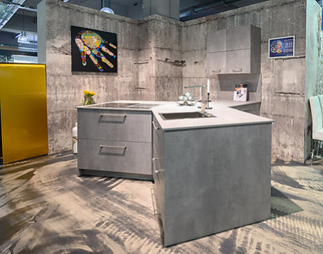 Hochmoderne Designküche von Ballerina in einer Futuristischen Planung ( Front Melaminharzbeschichtet ) - Modell: TOP Beton - Optik