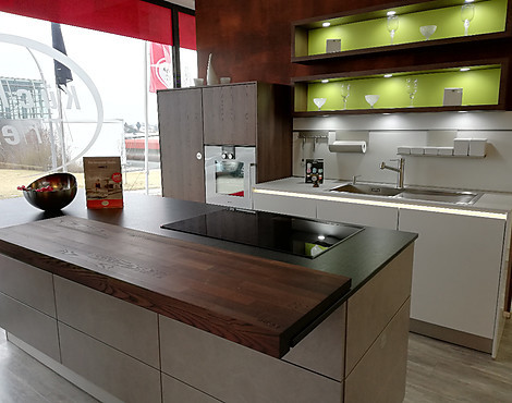 Kristallgrau Echtlack Hochglanz + Beton dunkelgrau + Mooreiche - Designküche mit hochwertiger Technik