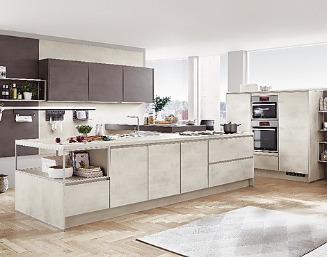 – grifflose Designküche - Line N – Riva Front Weissbeton Nb. mit Bora und Miele Einbaugeräte - 371 Riva 891 Weißbeton Nachbildung