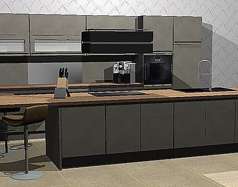 eine Symbiose von Qualität, Design und Funktionalität....Küche mit Insel, in Betonelemente und sehr umfangreiche Ausstattung - Riva Beton mit Eiche Provance mit Top Geräten von Berbel, Gaggenau, Liebherr