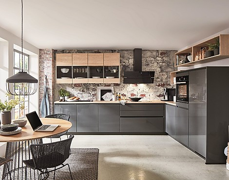Hochwertige Luxuseinbauküche mit Lack Laminatfronten in Schiefergrau Hochglanz - Flash/Riva grifflose XL-Höhe jetzt nur 6.498,-€