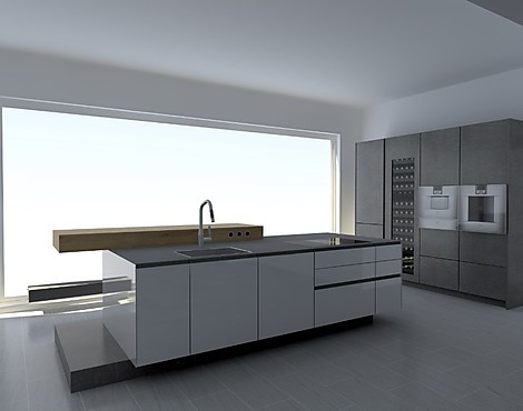 Volle Gaggenau-Geräteausstattung / Edelstahlarbeitsplatte / Betonsockel / Eiche-Massivholz Bartop - Vetro/Tokio Glasfronten im Mix mit Echt-Betonfronten - Weinklimaschrank, Kühl-/Gefrierkombination, Dampfbackofen mit Festwasseranschluss, Vakuumierschublade, Backofen mit Pyrolyse und Backstein, Geschirrspüler, Kochfeld mit Muldenlüftung