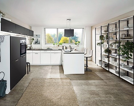 Einbauküche in L-Form + Zeile Lacklaminat, Schwarz und Alpinweiß supermatt - Touch nur noch 6.098,-€
