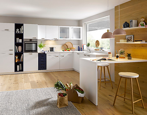 Pflegeleichte L-Küche Lacklaminat Kristallweiß Nordic Style - Uni Matt