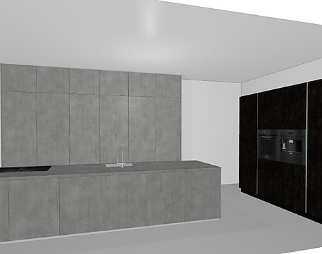 Moderne Inselküche in Beton nebelgrau NB und Flammeiche schwarz NB - Kiruna