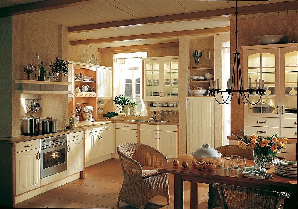 Landhauskuche In Cremeweiss Mit Bogenfronten Und Stilisiertem Kamin Ebay landhausküche mit theke massiv holz. bogenfronten und stilisiertem kamin