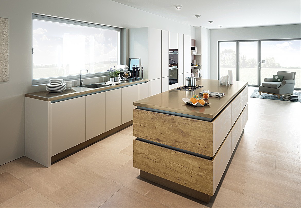 Designküche inox matt miniperl urban wild oak/matt lack stone