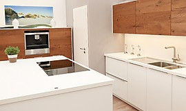 Eine gelungene Kombination von weißen Fronten und Holzfronten macht diese moderne Inselküche zu etwas Besonderem. Zuordnung: Stil Moderne Küchen, Planungsart Küche mit Küchen-Insel