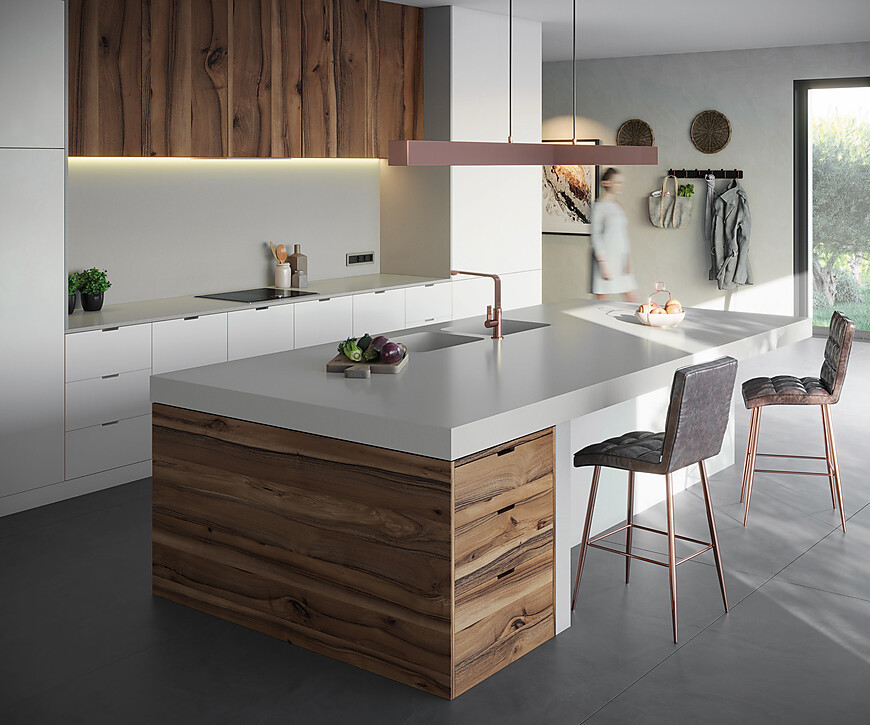 Küche in Weiß und Holz mit Silestone Arbeitsplatte Cincel Grey (Cosentino)
