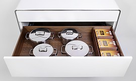 a-Box WOOD-LINE mit Funktionseinsatz ORGA-SET Nussbaum furniert für Auszüge Zuordnung: Stil Design-Küchen, Planungsart Offene Küche (Wohnküche)