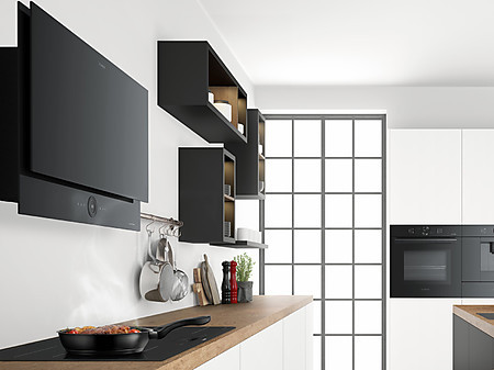 Kopffreie Wandhaube in schwarzem carbon black Design