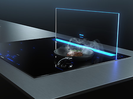 Ausfahrbares Downdraft-System, blau beleuchtet