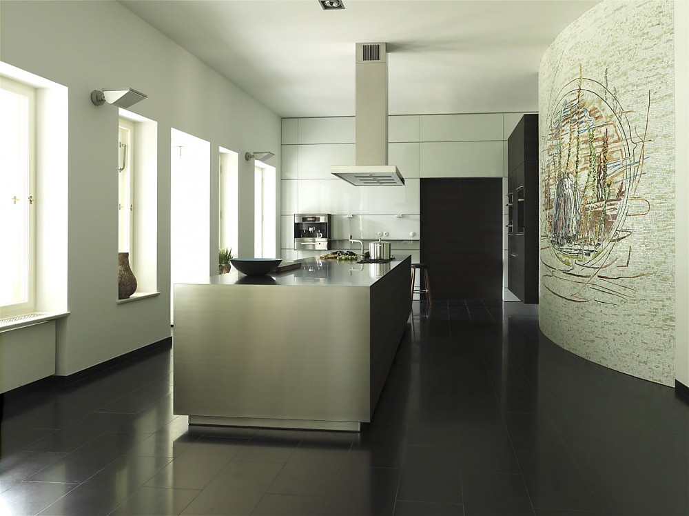 Grifflose designküche b3 mit insel in hochglanz beige