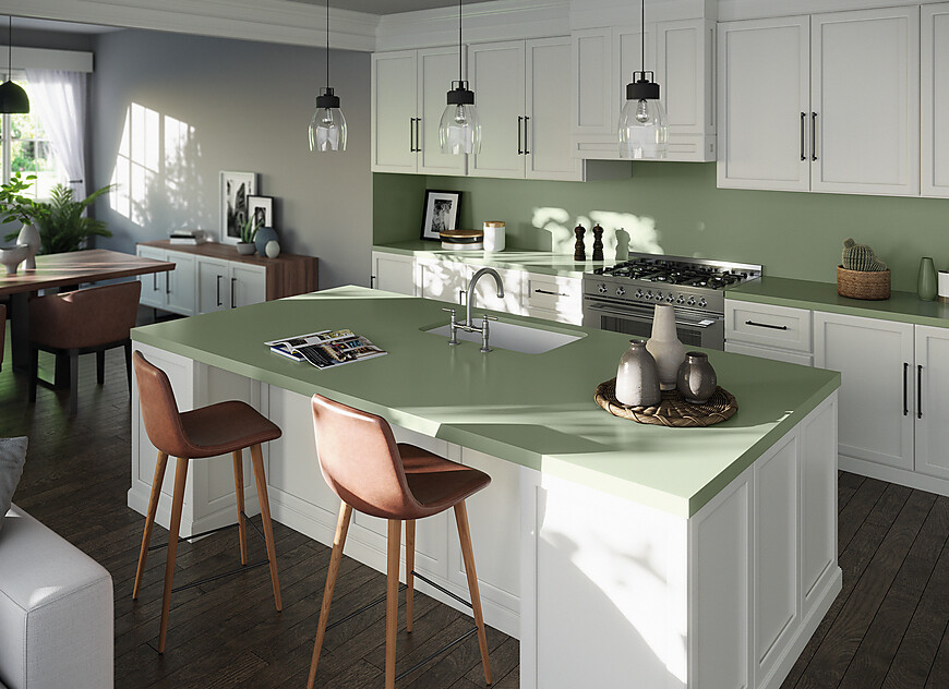 Landhausküche mit grüner Silestone Küchenarbeitsplatte Posidonia Green (Cosentino)